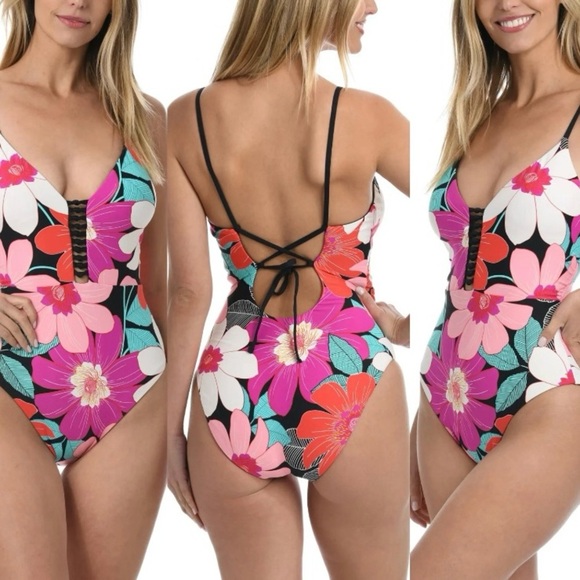 NWT La Blanca Reversible Floral and Black Women's One-Piece Swimsuit Size 10 - Picture 2 of 5